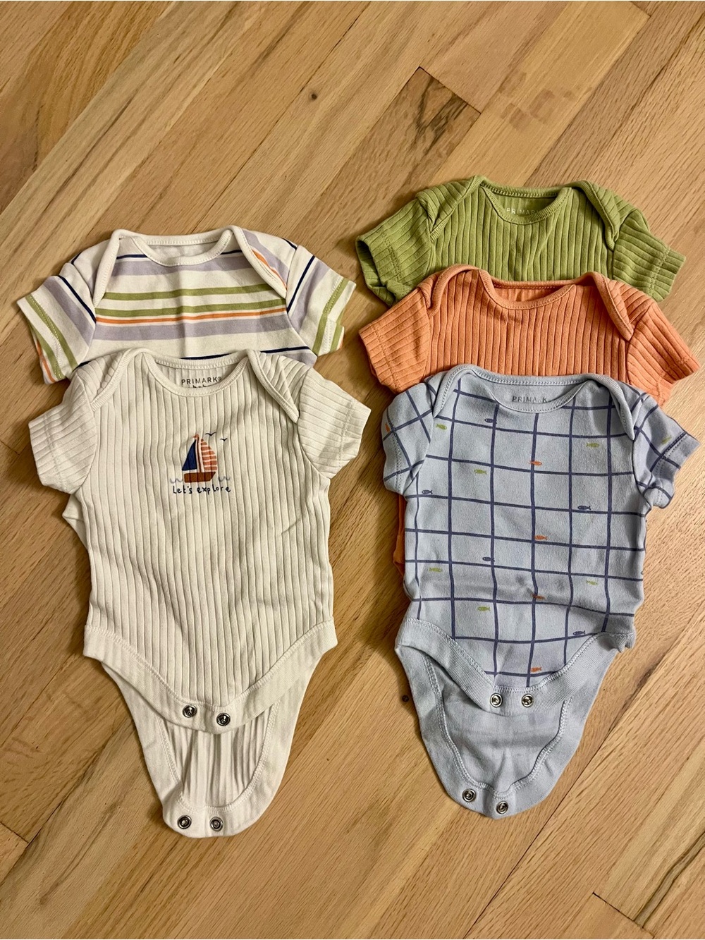 Primark Baby Bodysuit Set in Cream, Light Blue, Green, Orange, Striped
